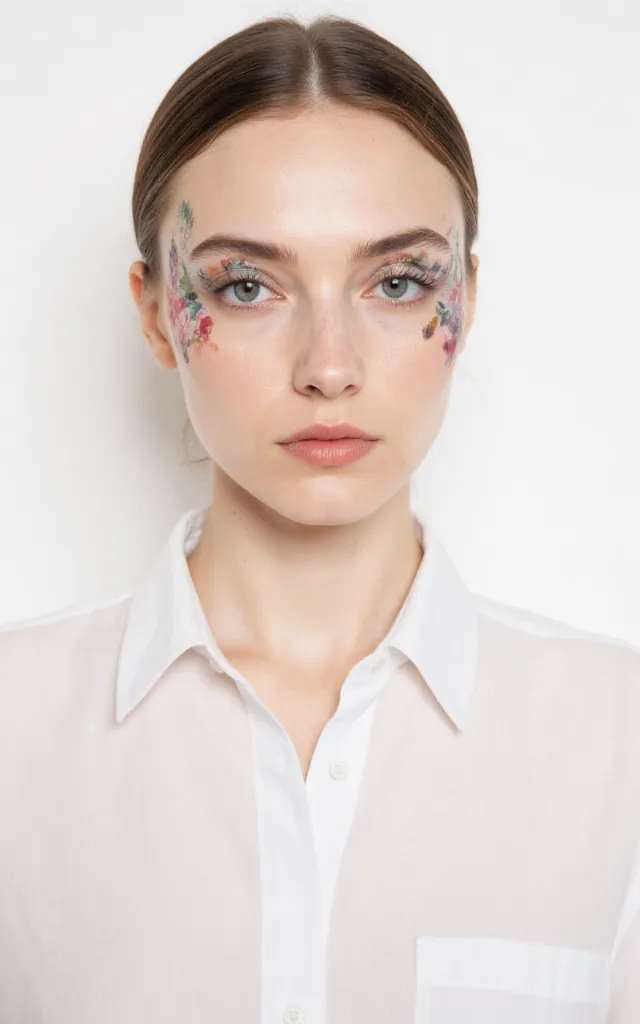 A French female model with a Floral   inspired makeup style, wearing a shirt, against a white background, in a front   facing bust portrait